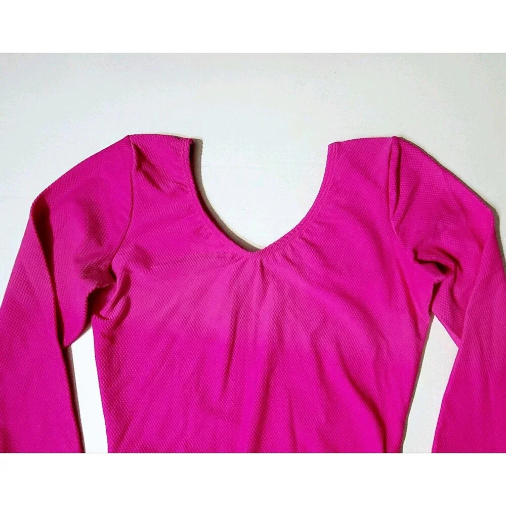 GK Elite VTG 90s AS Bright Pink Waffle Leotard Stretch Long Sleeve NWT Adult S